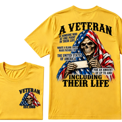 A Veteran Is Someone Who Wrote A Blank Check To America Skull US Flag EST.Year T-Shirt, Veteran Memorial Gift Tee
