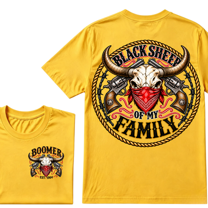 Black Sheep Of My Family EST.Year Vintage Longhorn Skull With Revolvers Western T-Shirt
