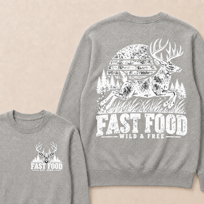 EST.Year Fast Food Wild & Free Vintage Deer Hunting Sunset Forest Graphic Sweatshirt