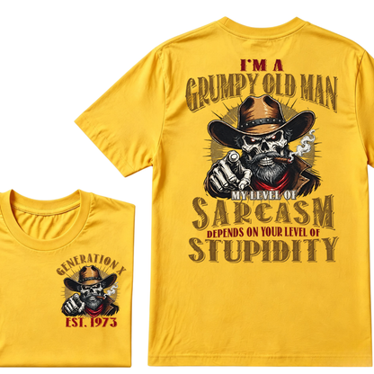 I'm A Grumpy Old Man My Level Of Sarcasm Depends On Your Level Of Stupidity EST.Year Vintage Western Skull Graphic Tee