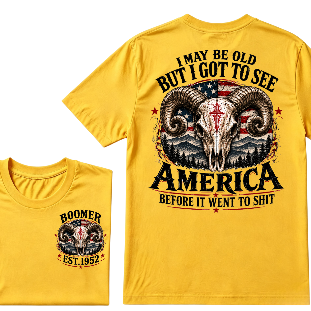 Boomer EST.Year Ram Skull American Flag I May Be Old But I Got To See America Vintage Graphic T-Shirt