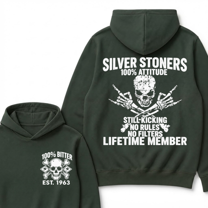 💀 SILVER STONERS: 100% Attitude, Est. Year Apparel Hoodie