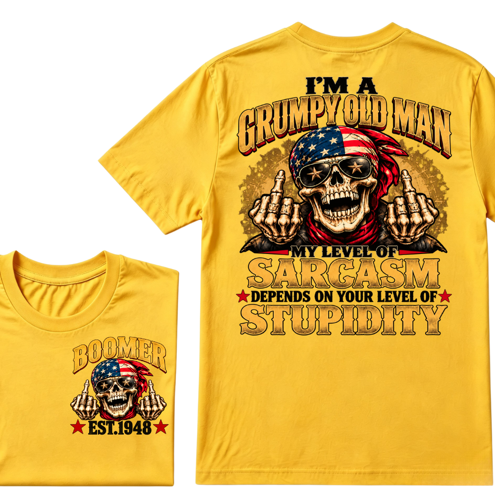 EST.Year I'm A Grumpy Old Man My Level Of Sarcasm Depends On Your Level Of Stupidity American Flag Skull Graphic T-Shirt
