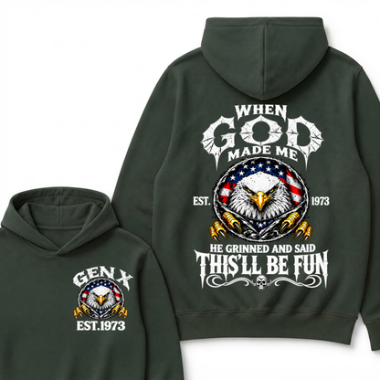 When God Made Me He Grinned And Said This’ll Be Fun EST.Year Vintage Eagle Graphic Hoodie