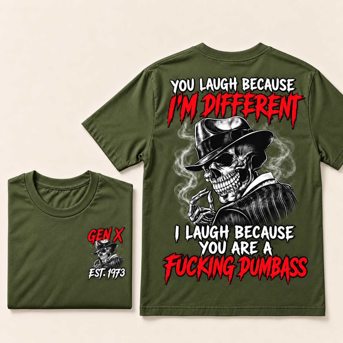 Custom Year Gen X Skull T-Shirt – “You Laugh Because I’m Different” Funny Sarcastic Graphic Tee