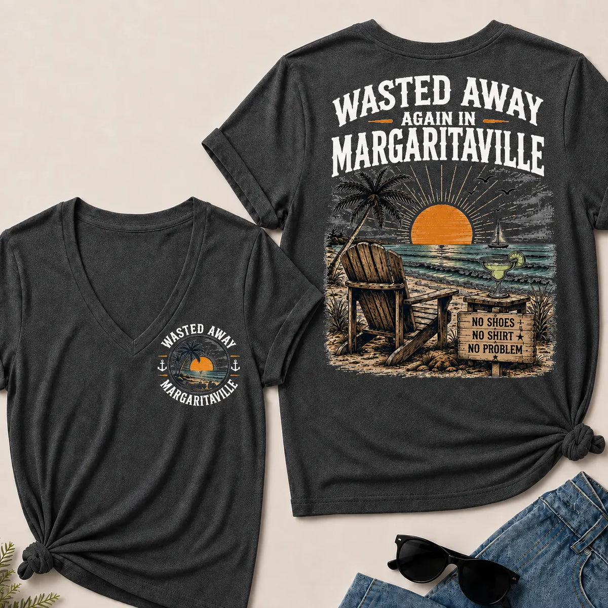 "Wasted Away Again In Margaritaville" Vintage Beach V-Neck T-Shirt | No Shoes, No Shirt, No Problem Tee