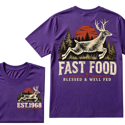 Fast Food Deer Hunting T-Shirt, Blessed & Well Fed Vintage Sunset Forest EST.Year Christian Hunter Graphic Tee
