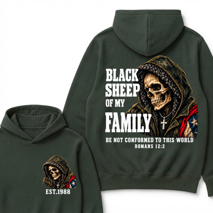 Black Sheep Of My Family Romans 12:2 Bible Verse Skull Hooded EAT.Year Hoodie, Christian Patriotic Hoodie