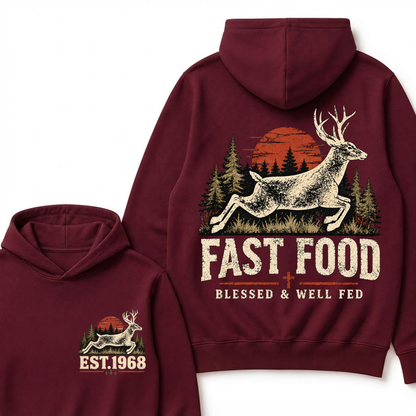 Fast Food Deer Hunting Hoodie, Blessed & Well Fed Vintage Sunset Forest EST.Year Christian Hunter Graphic Hooded Sweatshirt