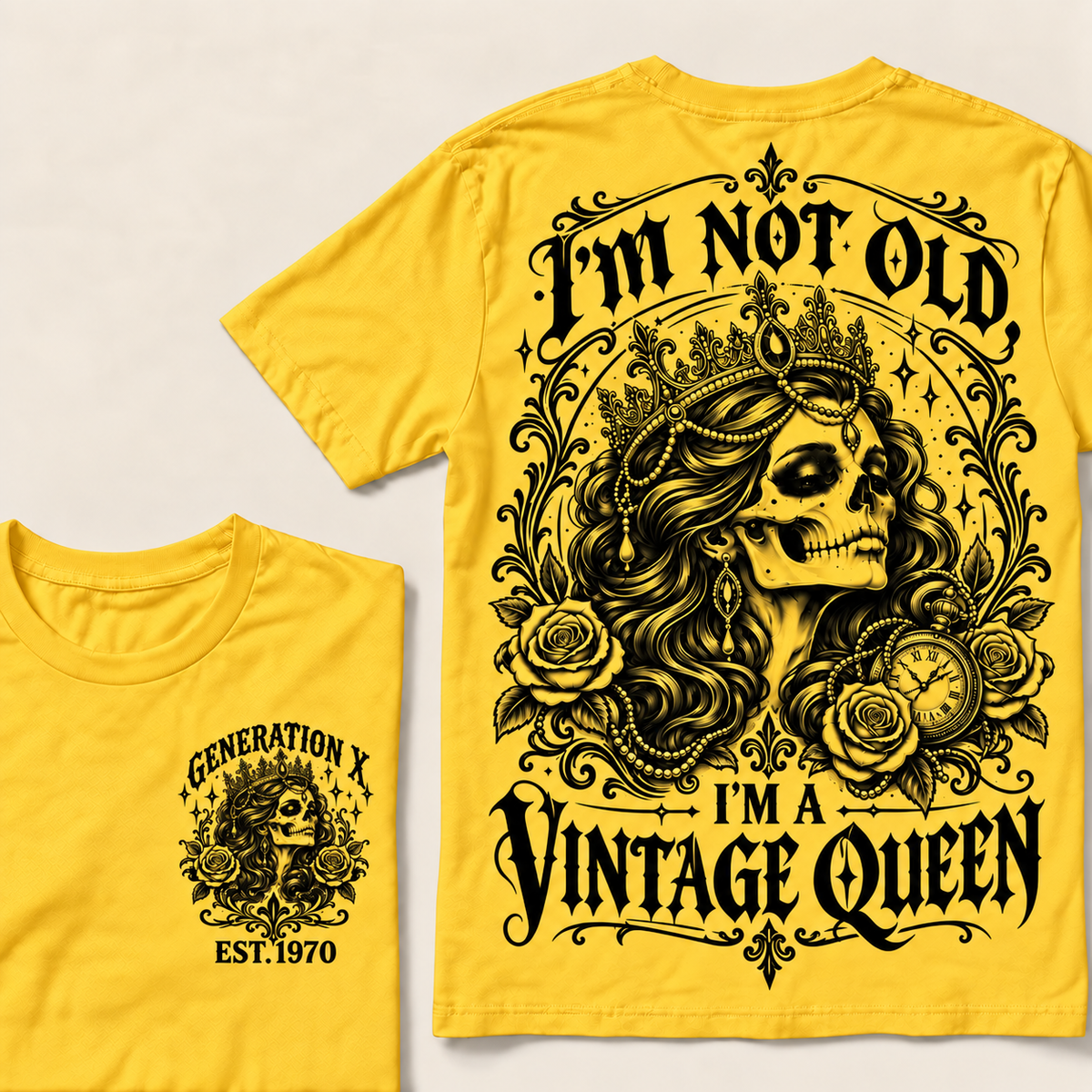 "I'm Not Old I'm A Vintage Queen" T-Shirt, Funny Gen X Sarcastic Tee, Gothic Skull Crown Gift for Her