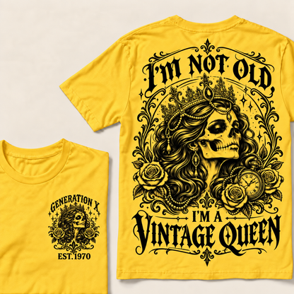 "I'm Not Old I'm A Vintage Queen" T-Shirt, Funny Gen X Sarcastic Tee, Gothic Skull Crown Gift for Her