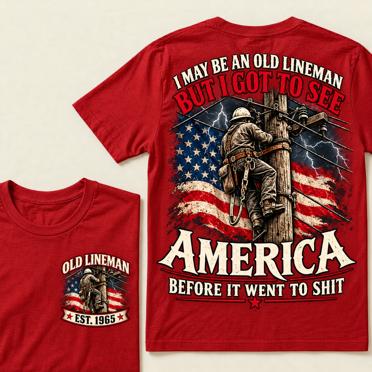 Funny Old Lineman American Flag T-Shirt, Vintage Electrician Lineman Gift, Patriotic USA Powerline Worker Tee, Retro 1965 Lineman Shirt