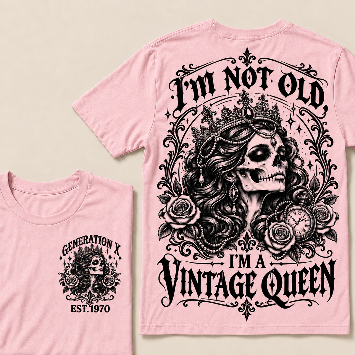 "I'm Not Old I'm A Vintage Queen" T-Shirt, Funny Gen X Sarcastic Tee, Gothic Skull Crown Gift for Her