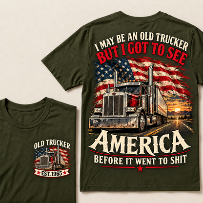 Funny Old Trucker American Flag T-Shirt, Vintage Semi Truck Driver Gift, Patriotic USA Big Rig Tee, Retro 1965 Trucker Shirt
