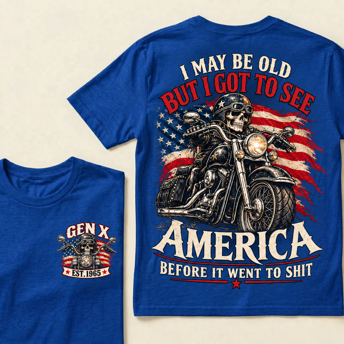 Funny Gen X Biker T-Shirt, Vintage Motorcycle Skull American Flag Tee, Retro 1965 Gen X Gift, Patriotic Biker Shirt