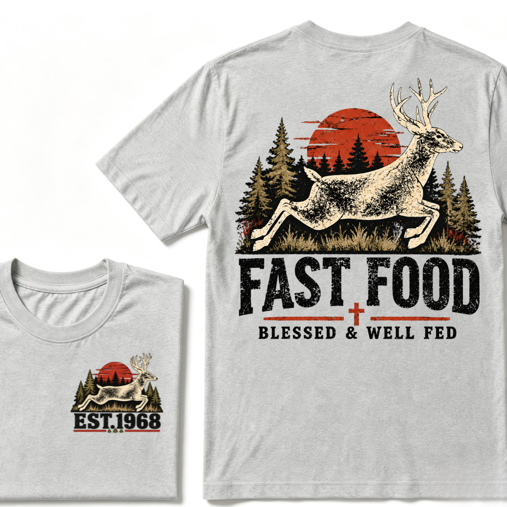 Fast Food Deer Hunting T-Shirt, Blessed & Well Fed Vintage Sunset Forest EST.Year Christian Hunter Graphic Tee