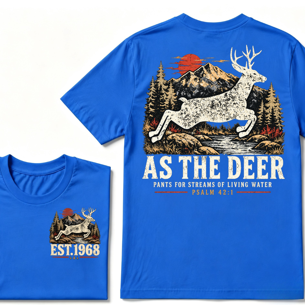 As The Deer Pants For Streams Of Living Water Psalm 42:1 Christian Deer Hunting Vintage Mountain EST.Year Graphic T-Shirt
