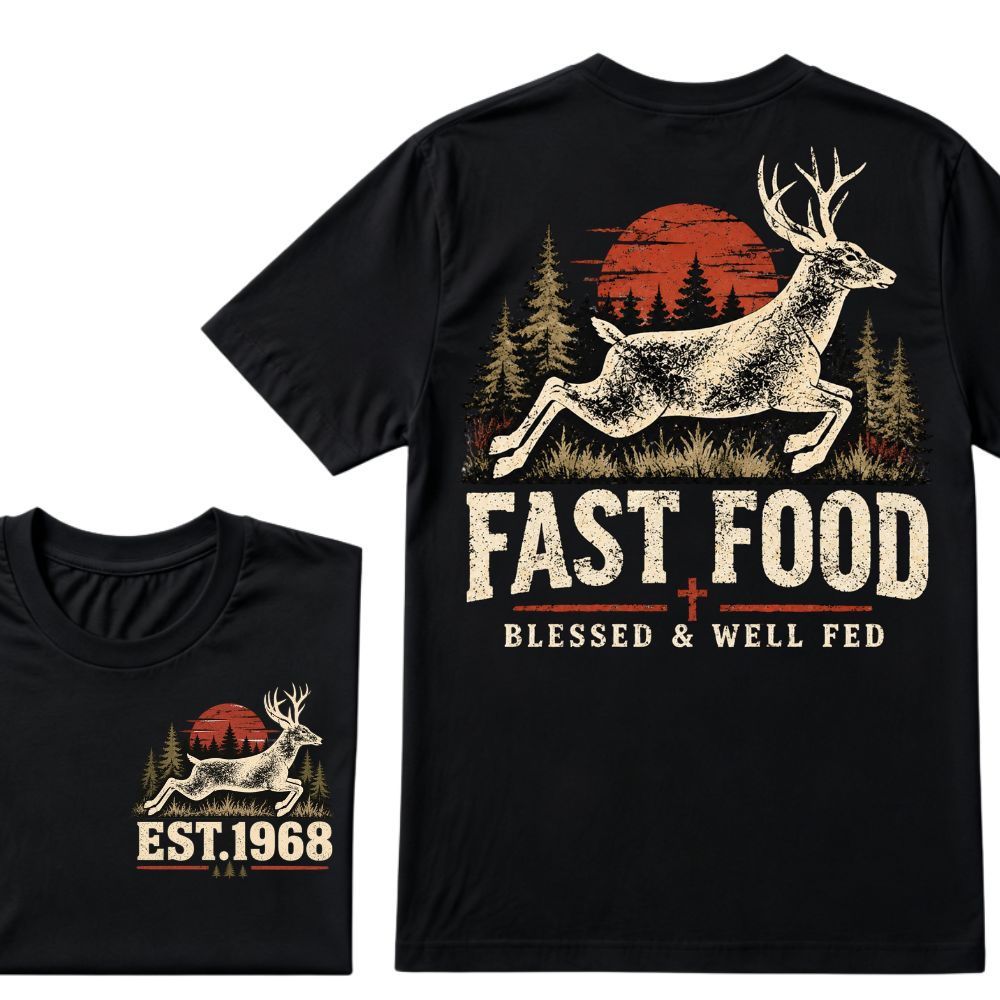 Fast Food Deer Hunting T-Shirt, Blessed & Well Fed Vintage Sunset Forest EST.Year Christian Hunter Graphic Tee