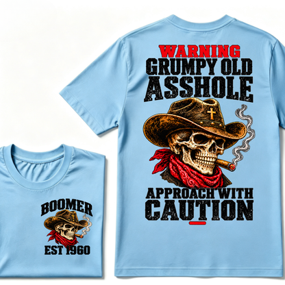 WARNING GRUMPY OLD ASSHOLE APPROACH WITH CAUTION EST.Year Vintage Western Cowboy Skull Tee