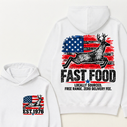 Fast Food Deer Hunting T-Shirt, Locally Sourced Free Range Zero Delivery Fee Vintage American Flag EST.Year Hunter Graphic Hoodie