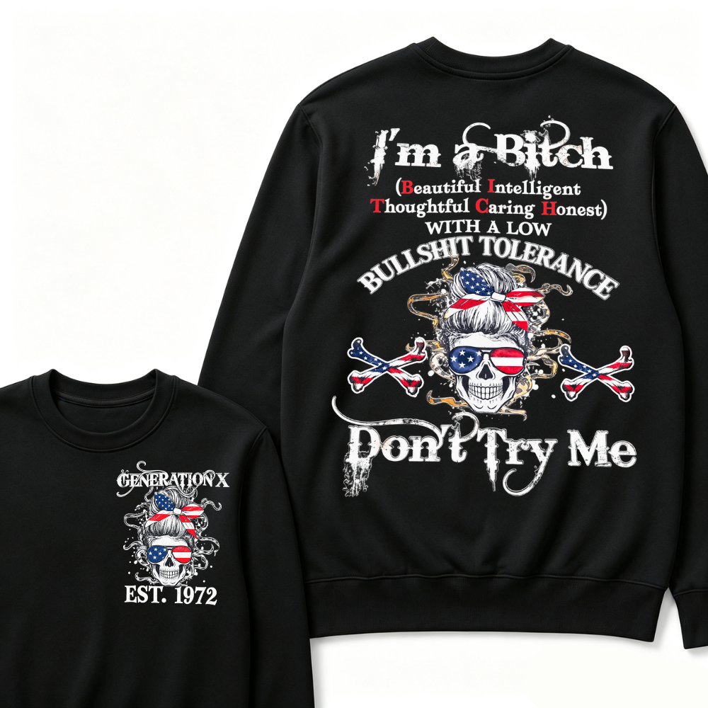 Gen X EST.Year Messy Bun American Flag Skull Low Tolerance Sarcastic Graphic Crewneck Sweatshirt