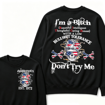 Gen X EST.Year Messy Bun American Flag Skull Low Tolerance Sarcastic Graphic Crewneck Sweatshirt