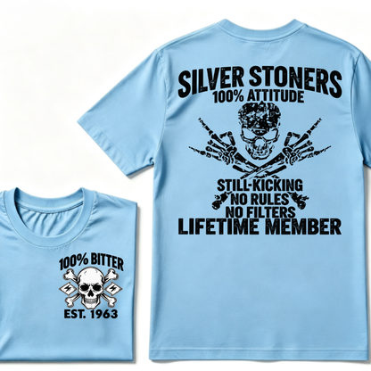 💀 SILVER STONERS: 100% Attitude, Est. Year Apparel T-shirt