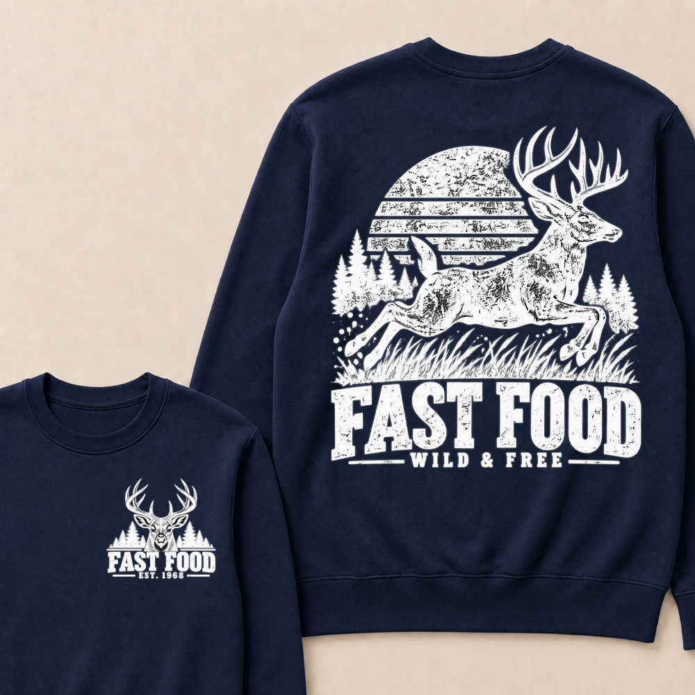 EST.Year Fast Food Wild & Free Vintage Deer Hunting Sunset Forest Graphic Sweatshirt