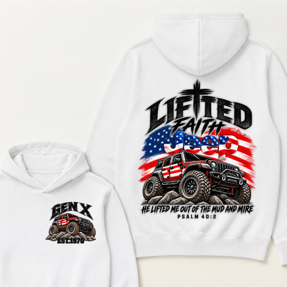 Custom Year Lifted Faith Jeep He Lifted Me Out Of The Mud And Mire Psalm 40:2 Hooodie