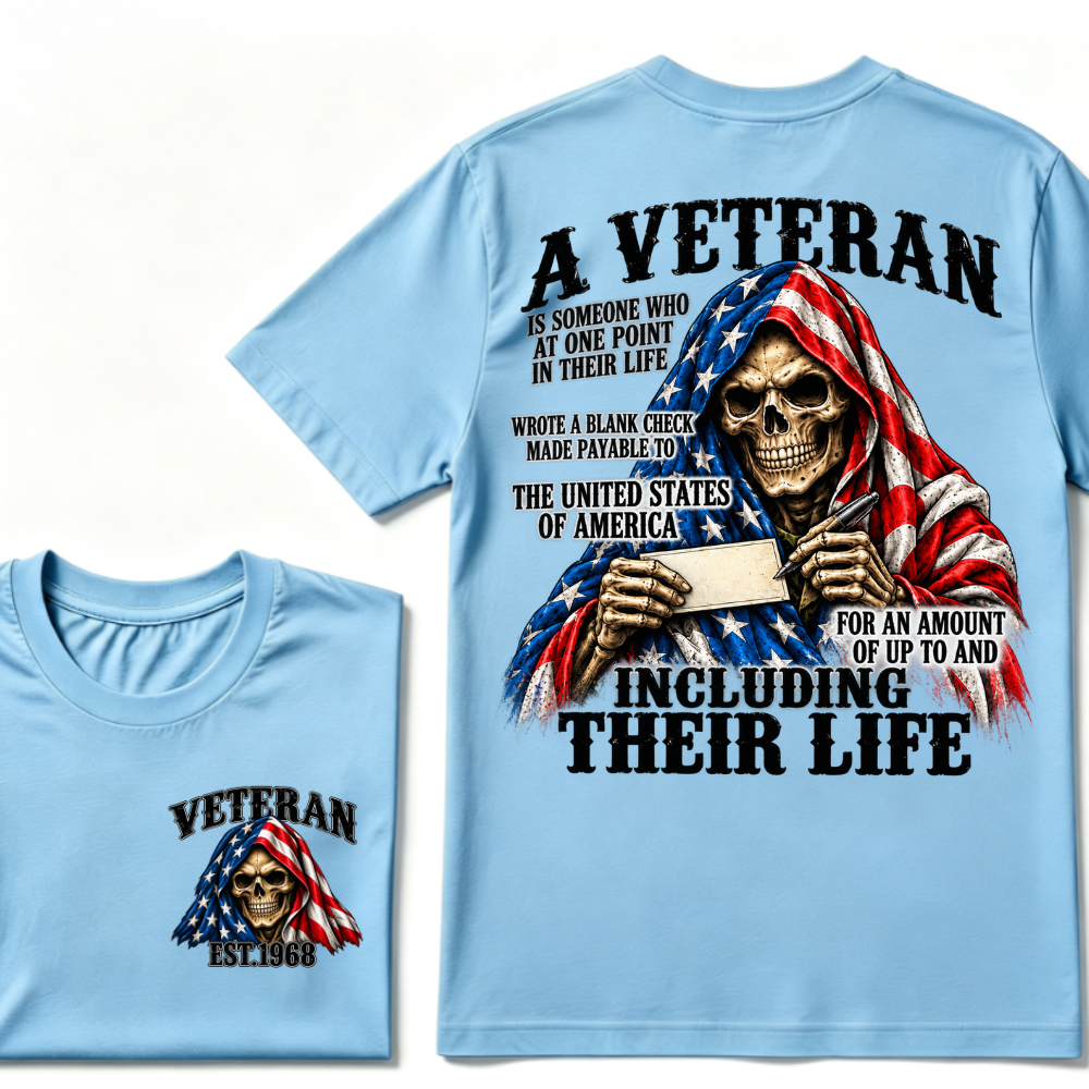 A Veteran Is Someone Who Wrote A Blank Check To America Skull US Flag EST.Year T-Shirt, Veteran Memorial Gift Tee
