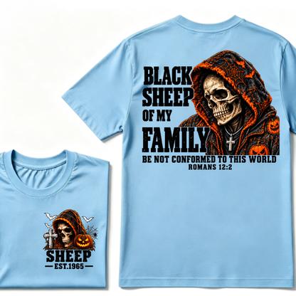 Black Sheep Of My Family Halloween Skull Hooded T-Shirt, Be Not Conformed To This World Romans 12:2 Christian EST.Year Pumpkin Bat Print Graphic Tee