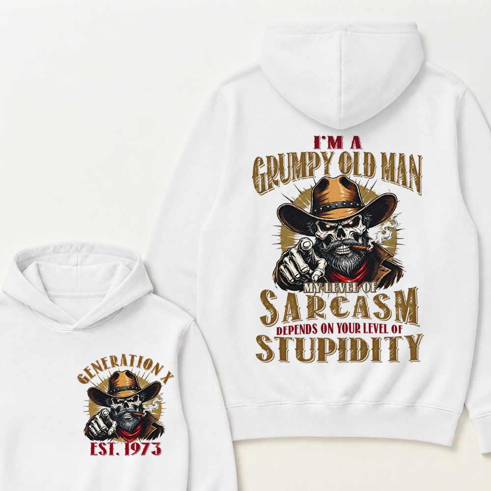 EST.YearI'm A Grumpy Old Man My Level Of Sarcasm Depends On Your Level Of Stupidity Cowboy Skull Graphic Hoodie, Funny Gen X Sarcastic Hooded Sweatshirt