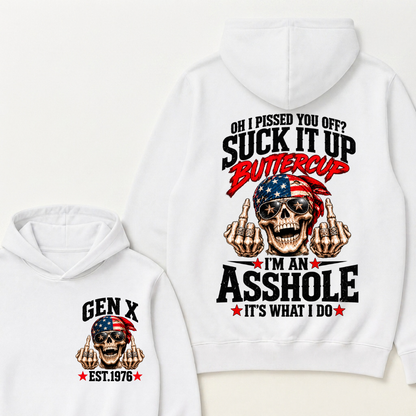 EST.YearOh I Pissed You Off Suck It Up Buttercup I'm An Asshole It's What I Do American Flag Skull Graphic Hoodie, Funny Gen X Sarcastic Hooded Sweatshirt
