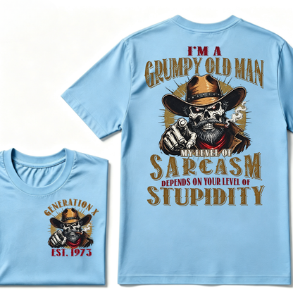 I'm A Grumpy Old Man My Level Of Sarcasm Depends On Your Level Of Stupidity EST.Year Vintage Western Skull Graphic Tee
