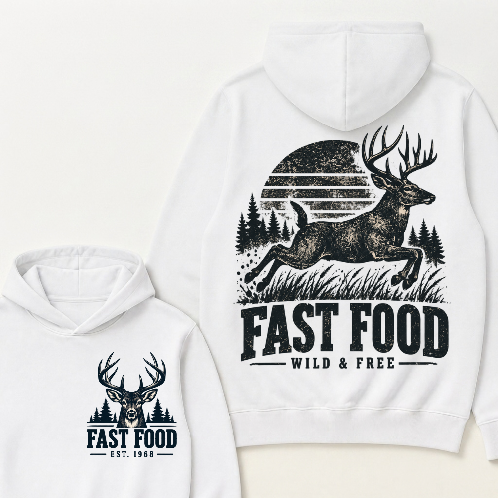 Fast Food Wild & Free Deer Hunting Hoodie EST.Year Vintage Buck Hunter Forest Graphic Hoodie