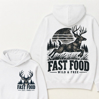 Fast Food Wild & Free Deer Hunting Hoodie EST.Year Vintage Buck Hunter Forest Graphic Hoodie
