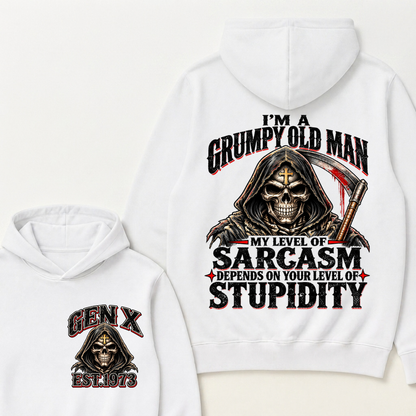 EST.YearI'm A Grumpy Old Man My Level Of Sarcasm Depends On Your Level Of Stupidity Grim Reaper Skull Graphic Hoodie, Funny Gen X Sarcastic Hooded Sweatshirt