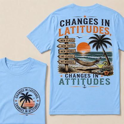 "Changes In Latitudes, Changes In Attitudes" Vintage Beach Crew Neck T-Shirt | No Clocks, No Worries Unisex Tee