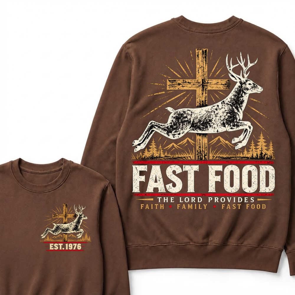 FAST FOOD – The Lord Provides | Faith, Family & Hunting Custom Year Sweatshirt