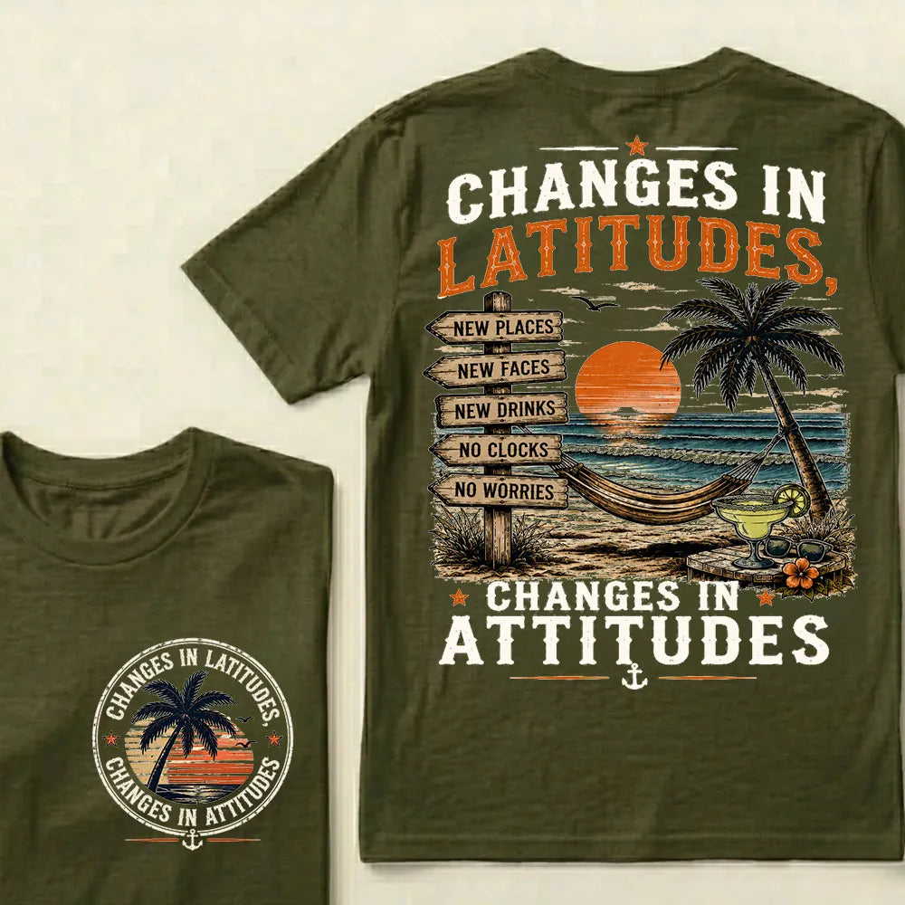 "Changes In Latitudes, Changes In Attitudes" Vintage Beach Crew Neck T-Shirt | No Clocks, No Worries Unisex Tee