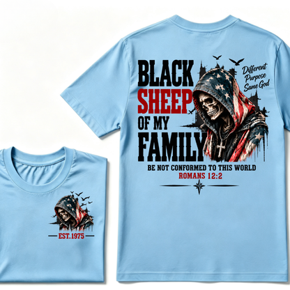 Black Sheep Of My Family Romans 12:2 EST.Year American Flag Skull Print T‑Shirt Christian Faith Vintage Graphic Tee