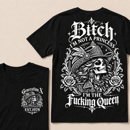 Funny Gen X Cowboy Queen T-Shirt, Western Gothic Skull Tee, Sarcastic Women's Shirt, Retro 1978 Gen X Gift, Not A Princess Tee