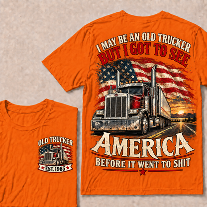 Funny Old Trucker American Flag T-Shirt, Vintage Semi Truck Driver Gift, Patriotic USA Big Rig Tee, Retro 1965 Trucker Shirt