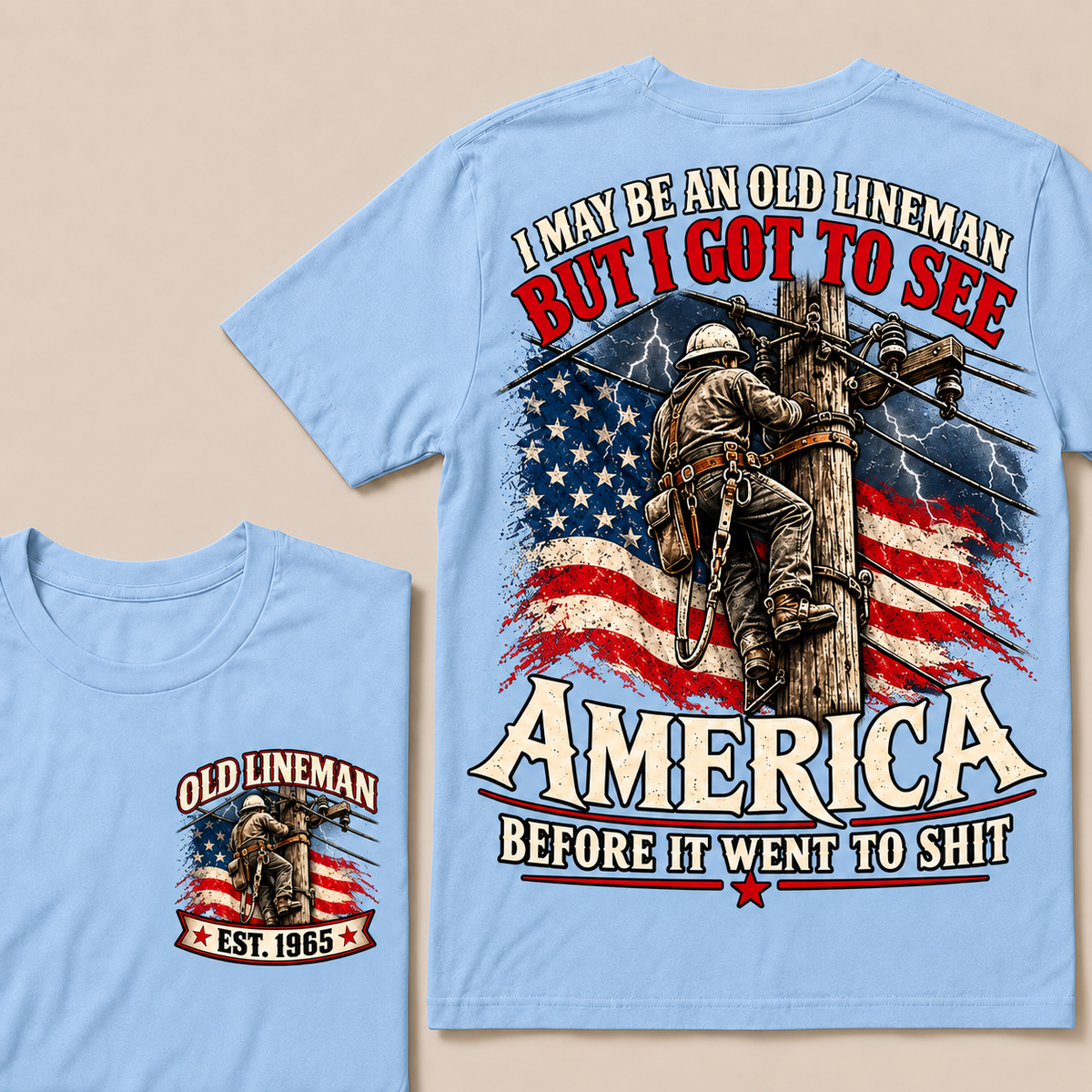 Funny Old Lineman American Flag T-Shirt, Vintage Electrician Lineman Gift, Patriotic USA Powerline Worker Tee, Retro 1965 Lineman Shirt