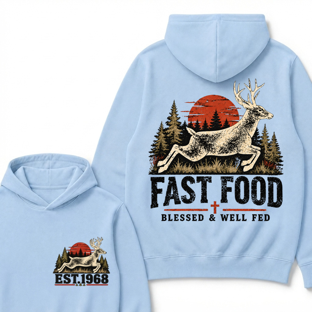 Fast Food Deer Hunting Hoodie, Blessed & Well Fed Vintage Sunset Forest EST.Year Christian Hunter Graphic Hooded Sweatshirt