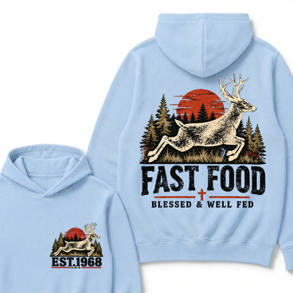 Fast Food Deer Hunting Hoodie, Blessed & Well Fed Vintage Sunset Forest EST.Year Christian Hunter Graphic Hooded Sweatshirt