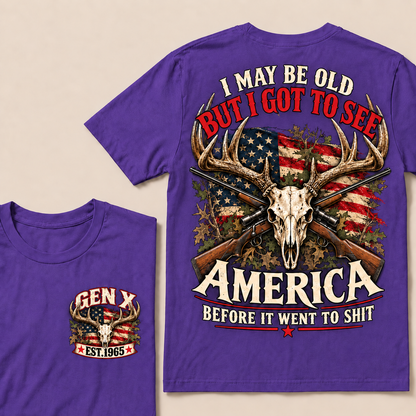 Funny Gen X Hunter T-Shirt, Vintage Deer Skull American Flag Tee, Retro 1965 Hunting Gift, Patriotic Hunter Shirt