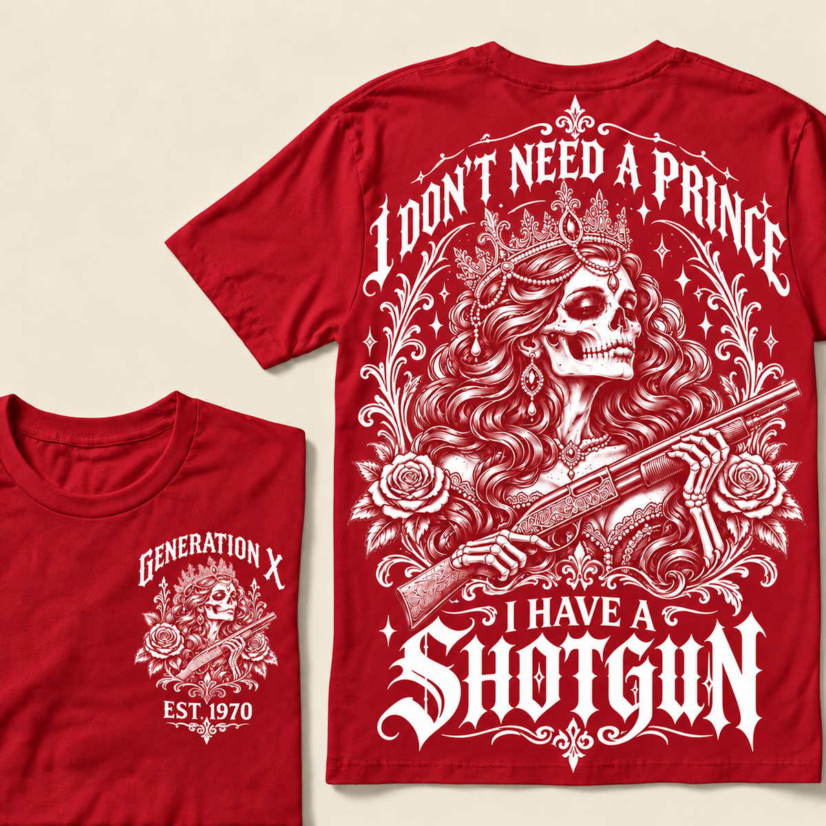 "I Don't Need A Prince I Have A Shotgun" T-Shirt, Funny Gen X Sarcastic Tee, Gothic Skull Crown Gift for Her, Western Gun Shirt