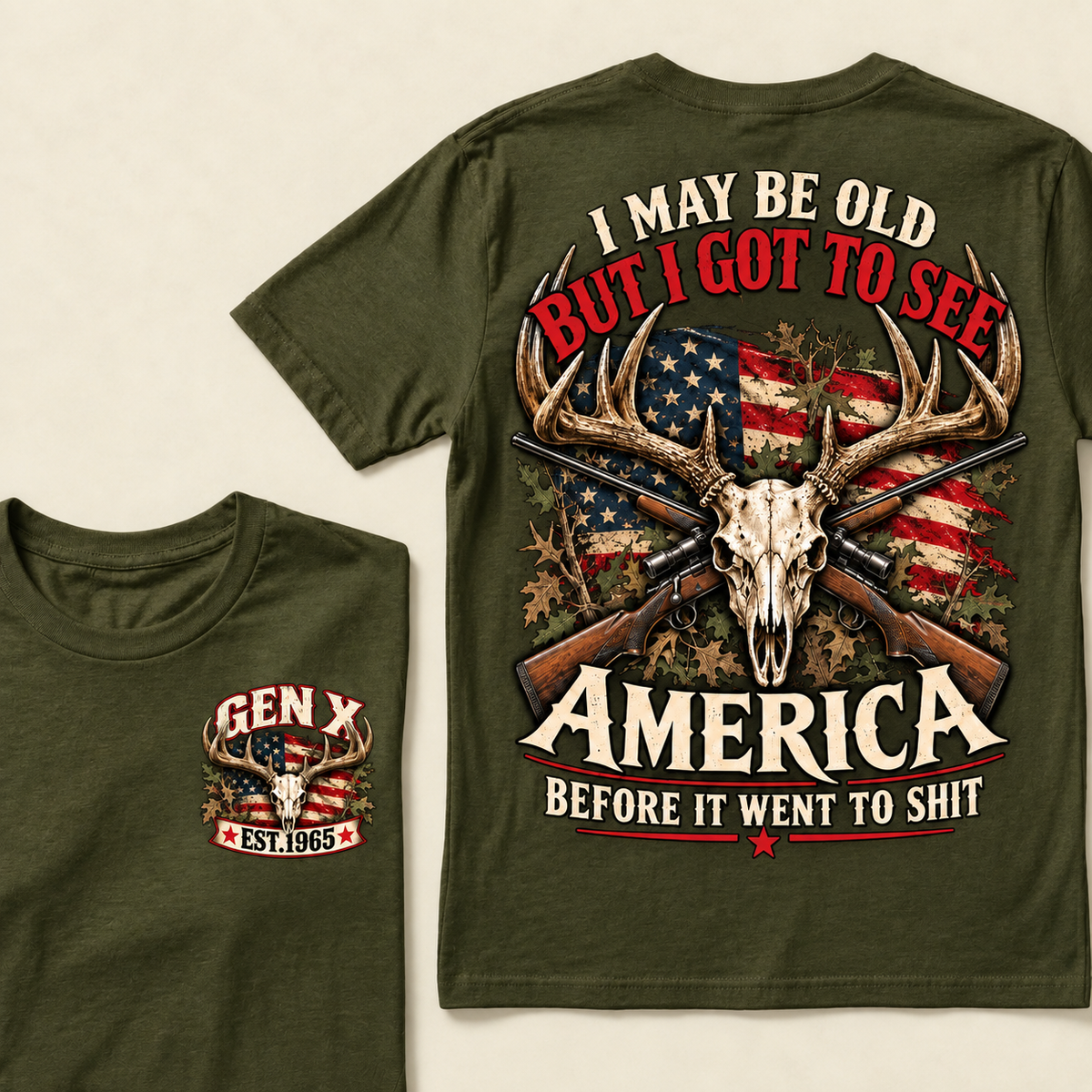 Funny Gen X Hunter T-Shirt, Vintage Deer Skull American Flag Tee, Retro 1965 Hunting Gift, Patriotic Hunter Shirt