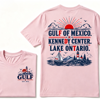 Gulf Of Mexico Kennedy Center Lake Ontario EST.Year Vintage Nautical Lighthouse Sailboat Sunset T-Shirt,Print Retro Ocean Tee
